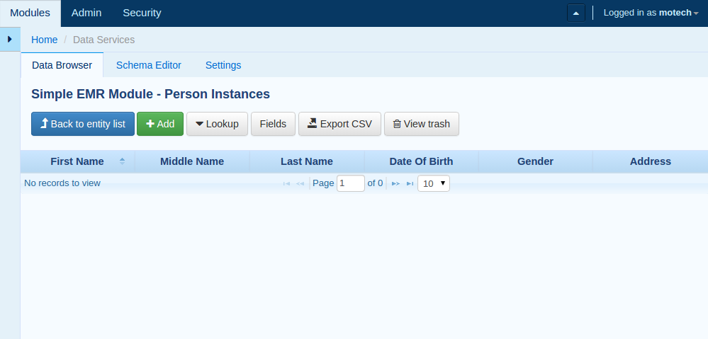 MDS Demo - data browser, no records yet
