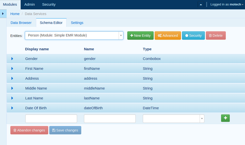 MDS Demo - schema editor, view person fields